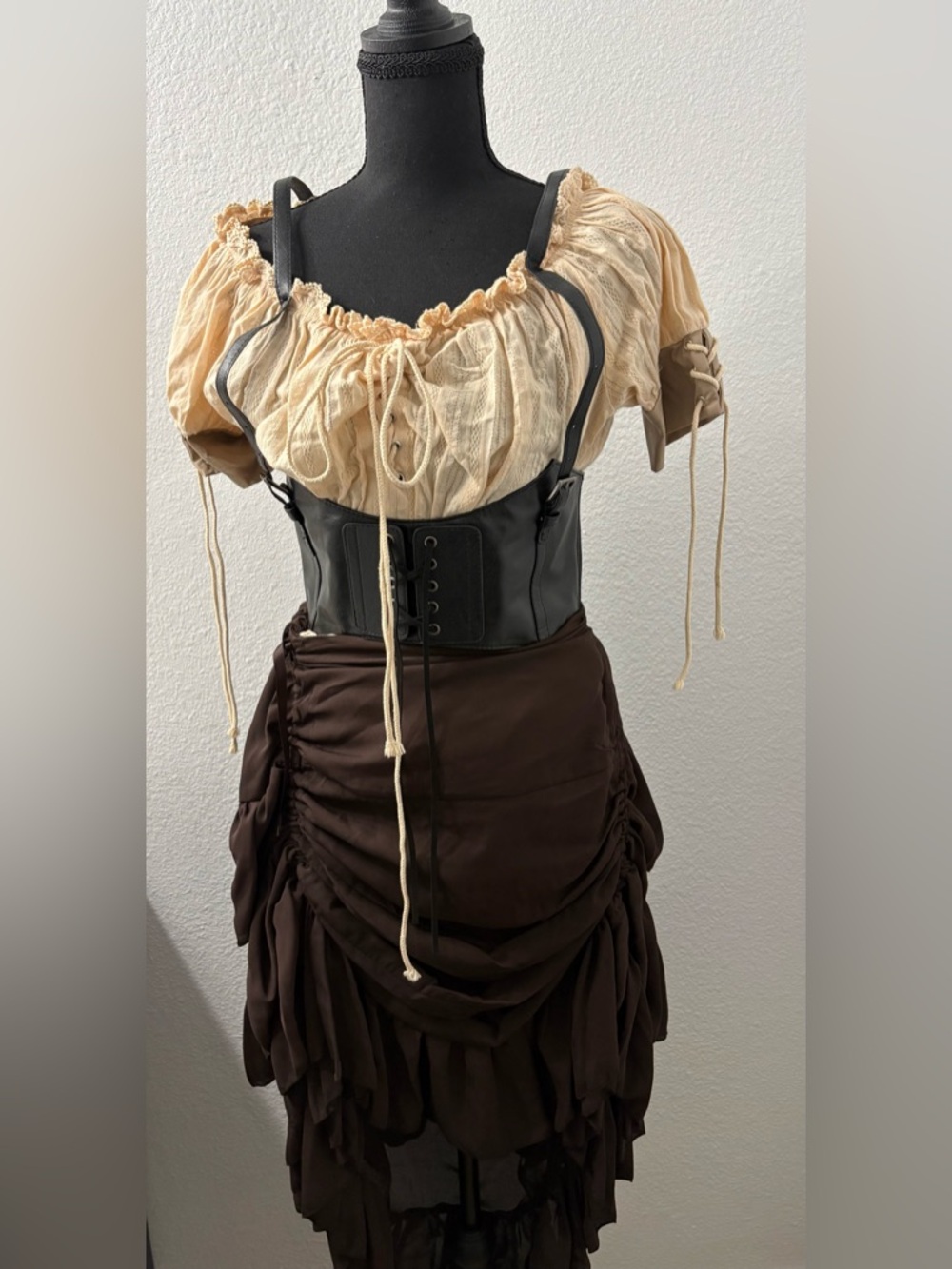 Cream Peasant Blouse with Black Faux Leather Corset and Brown Layered Skirt